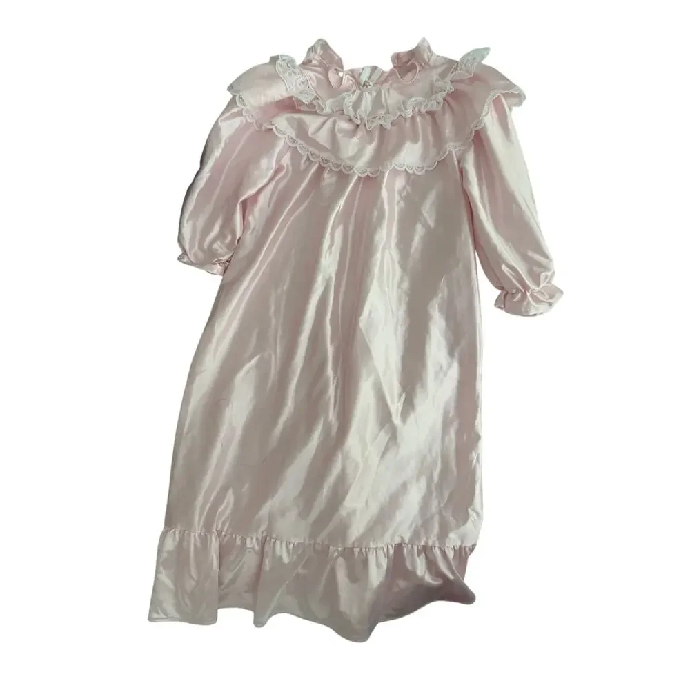 Vintage Allison Ann Girls Size 4 Pink Satin Nightgown Lace Ruffle Made USA